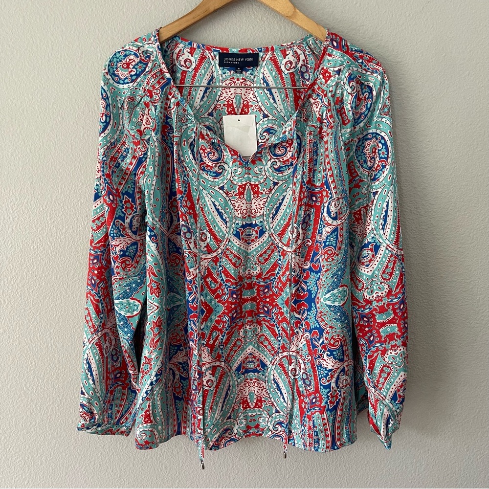 Jones New York Turquoise Coral Sea Combo Paisley Top Size M